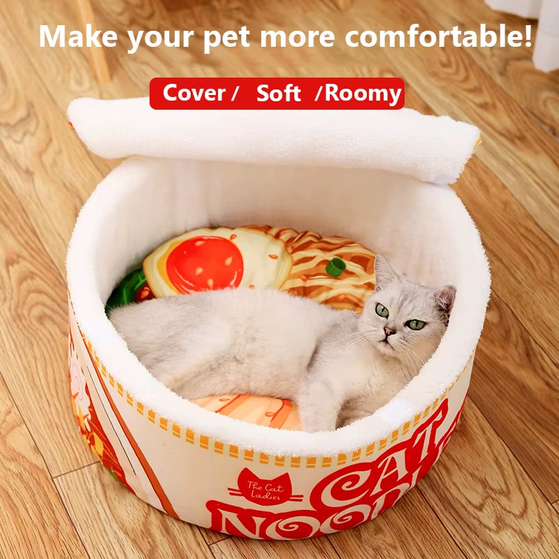 The New Winter Cartoon Ramen Cat Nest Love Warm Cute Semi-Enclosed Cat Bed Can Be Opened and Washed