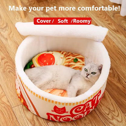 The New Winter Cartoon Ramen Cat Nest Love Warm Cute Semi-Enclosed Cat Bed Can Be Opened and Washed