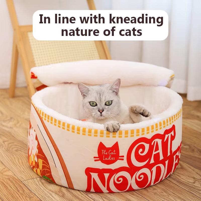 The New Winter Cartoon Ramen Cat Nest Love Warm Cute Semi-Enclosed Cat Bed Can Be Opened and Washed