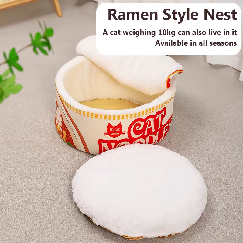 The New Winter Cartoon Ramen Cat Nest Love Warm Cute Semi-Enclosed Cat Bed Can Be Opened and Washed