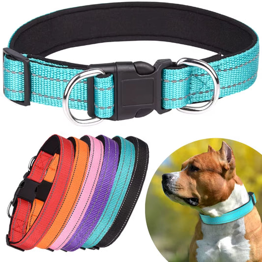 Reflective Dog Collar,Soft Neoprene Padded Breathable Nylon Pet Collar Adjustable for Medium Large Dogs, Neck 25-60 Centimeter